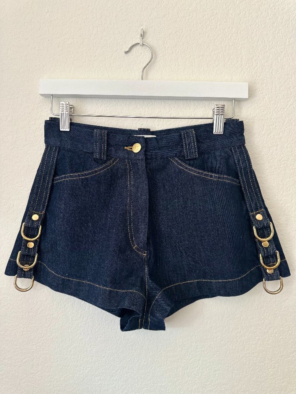 Sandro Paris Women's Denim Shorts Navy Blue Gold Ring Hardware